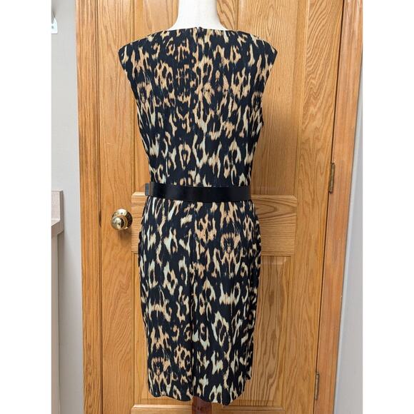 CALVIN KLEIN Leopard Print Sheath Dress Belted Black/Brown Size 10 Faux Wrap - Picture 4 of 11